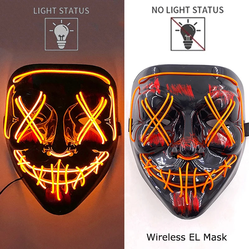 Wireless Neon LED Purge Mask Glow in The Dark Cosplay Horror Mask Halloween Masquerade Party Masks Glowing Funny Dress Up