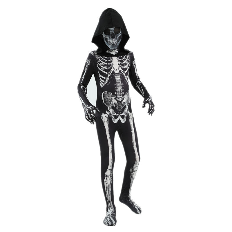 Scary Halloween Horror Kids Hooded Costume Scary Skeleton Grim Reaper Costume Boys Spooky Costume Mardi Gras Party Costume
