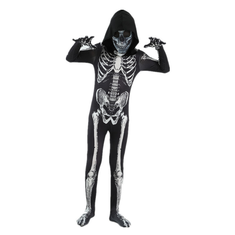 Scary Halloween Horror Kids Hooded Costume Scary Skeleton Grim Reaper Costume Boys Spooky Costume Mardi Gras Party Costume